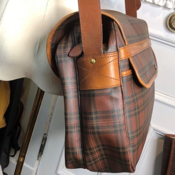 MRALPH LAUREN Tartan Plaid Brown Green Crossbody Messenger Laptop Carry-On Bag - Picture 5 of 17